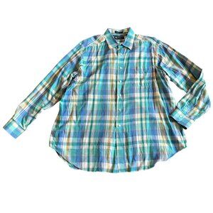 Burberry Teal Blue Plaid Button-Down Shirt Long Sleeve 100% Imported Cotton XL